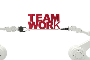 Computer graphic image of robotic hands holding red team work text