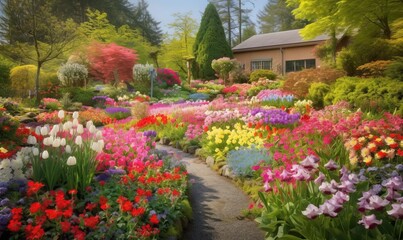 Obraz premium a garden filled with lots of flowers next to a house. generative ai
