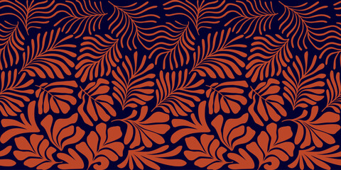 Terracotta brown abstract background with tropical palm leaves in Matisse style. Vector seamless pattern with Scandinavian cut out elements. - 588494348