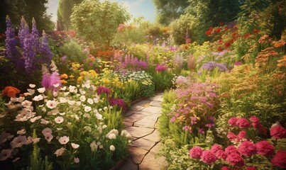 Fototapeta na wymiar a painting of a garden with flowers and a stone path. generative ai