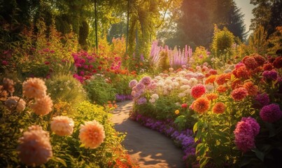 a garden filled with lots of flowers and lots of trees. generative ai