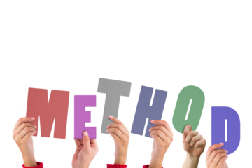 Colorful alphabet spelling method held up by people