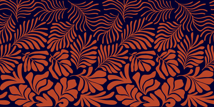 Terracotta brown abstract background with tropical palm leaves in Matisse style. Vector seamless pattern with Scandinavian cut out elements.