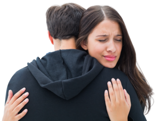 Unhappy brunette hugging her boyfriend