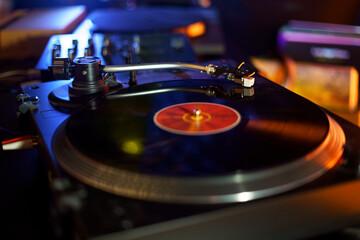 Vinyl record being played on a gramophone