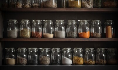  a shelf filled with glass jars filled with different types of spices.  generative ai