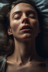 Very attractive woman, lying in bed, sleeping, with her mouth slightly open. Generative AI