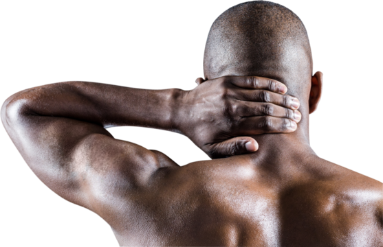 Rear view of athlete massaging neck