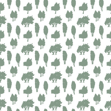 Green Forest. Seamless pattern of various tree silhouettes. White background