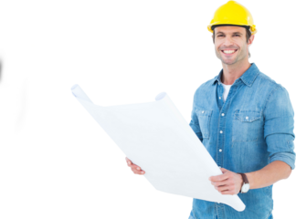 Happy architect holding blue in house