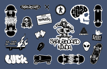 Skateboard stickers, patches, badges, labels. Atmospheric stickers skateboard concept, boards, graffiti, broken teeth, a coffin on wheels, skull, broken boards. Vector badges black and white, isolated © SergeyBitos