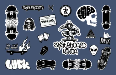 Tuinposter Skateboard stickers, patches, badges, labels. Atmospheric stickers skateboard concept, boards, graffiti, broken teeth, a coffin on wheels, skull, broken boards. Vector badges black and white, isolated © SergeyBitos