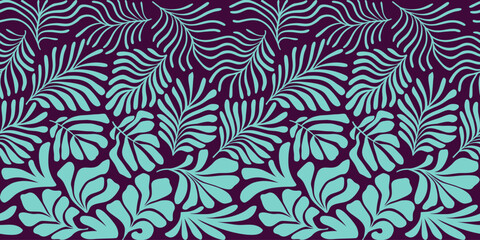 Turquoise purple abstract background with tropical palm leaves in Matisse style. Vector seamless pattern with Scandinavian cut out elements.
