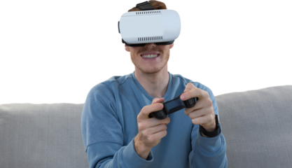 Man using virtual  reality headset and joystick