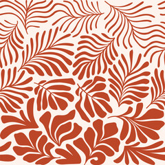 Brown white abstract background with tropical palm leaves in Matisse style. Vector seamless pattern with Scandinavian cut out elements.