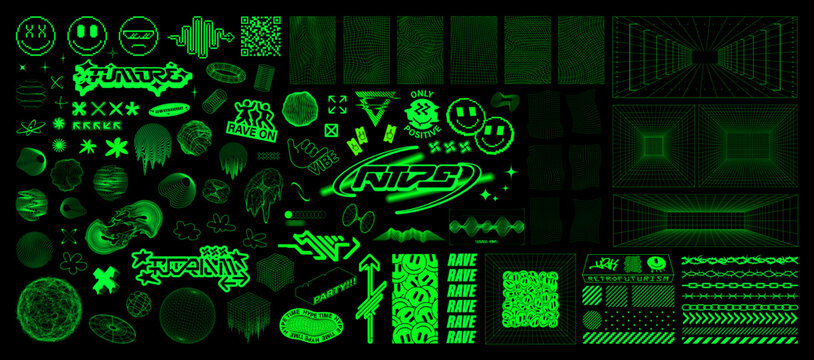 Retrowave, Rave trip, psychedelic elements. Acid and trippy vibe - 3D glitch shapes, emoji, smiley, surreal forms, wireframe forms, y2k, grids. Trippy psychedelic rave elements. Y2K Vector shapes.
