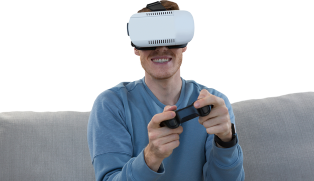 Man using virtual  reality headset and joystick