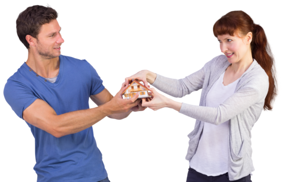 Couple pulling a model house