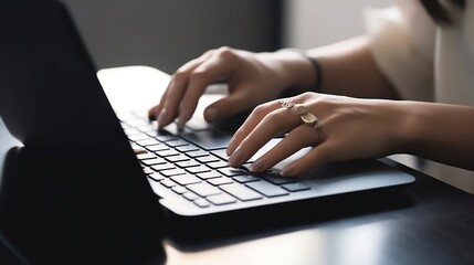 Woman hands typing on computer keyboard closeup, businesswoman or student girl using laptop at home, online learning, internet marketing, working from home, office workplace freelance concept. Ai