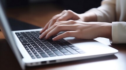 Woman hands typing on computer keyboard closeup, businesswoman or student girl using laptop at home, online learning, internet marketing, working from home, office workplace freelance concept. Ai