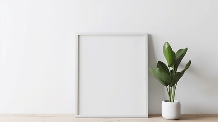 Blank picture frame mockup on white wall. Artwork in interior design. View of modern rustic scandinavian style interior with canvas for painting or poster on wall. Minimalism concept. Generative AI