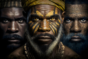 Three male faces of an African, local typical inhabitants of the tribes. Generative AI