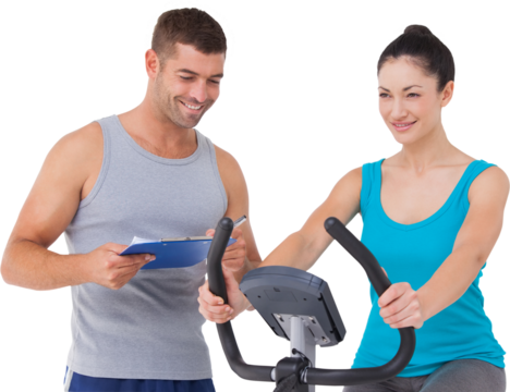 Trainer with client on exercise bike