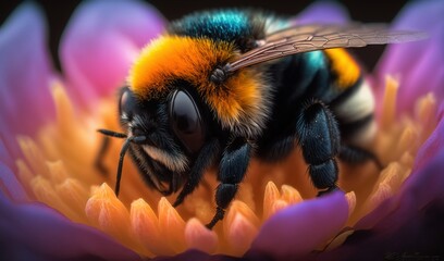  a close up of a bee on a flower with a black background.  generative ai