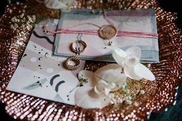 Wedding details. Bouquet and bridal accessories. Rings