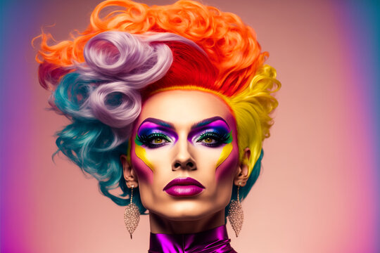 drag queen, gorgeous drag queen with a vibrant makeup and colorful hair on a pink background, generative ai	

