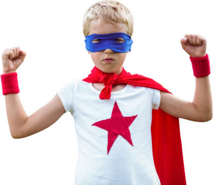Portrait of superhero boy with arms raised