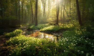 Fototapeta na wymiar a stream running through a lush green forest filled with flowers. generative ai