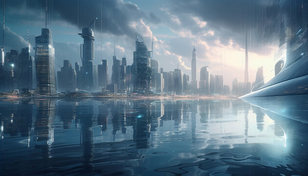Futuristic skyline reflects off dark blue water generated by AI © Jeronimo Ramos