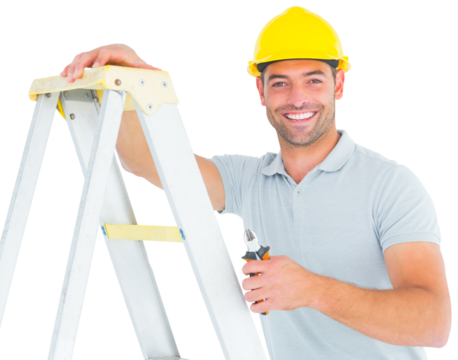 Portrait of happy repairman with pliers climbing ladder