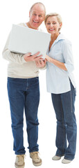 Fototapeta premium Mature couple smiling at camera with laptop