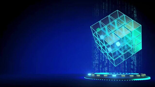 Futuristic digital currency animation. 3D rotating blue stock cube. Concept of a worldwide network technology. 4K