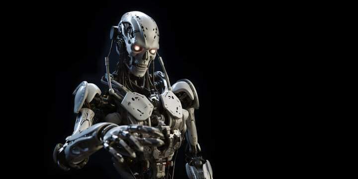 portrait of a evil mechanical alien robot on black background with copy space, generative ai