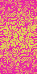 Yellow pink abstract background with tropical palm leaves in Matisse style. Vector seamless pattern with Scandinavian cut out elements. - 588496535