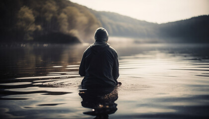 Solitude in nature, reflection near tranquil pond generated by AI