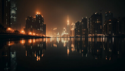 Fototapeta na wymiar Silhouette of modern city, skyscrapers illuminate waterfront generated by AI