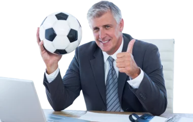 Foto op Plexiglas Smiling businessman holding soccer ball with thumbs up © vectorfusionart