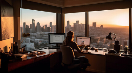 woman working remote overviewing a city skyline during golden hour - Generative AI