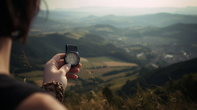 Hand of woman holding a compass to check her position. boke background picture of hills and mountains. bright sky. boke shot