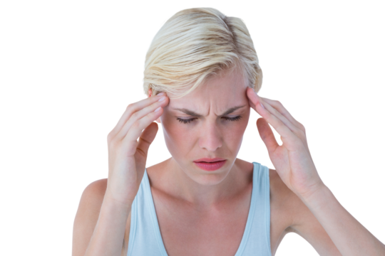 Beautiful woman suffering headache with head in hands - Powered by Adobe