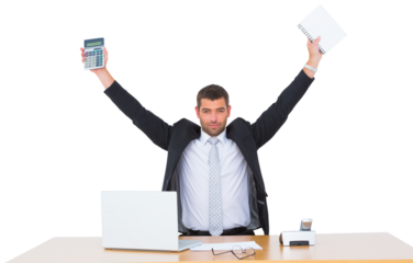Businessman holding calculator and diary 