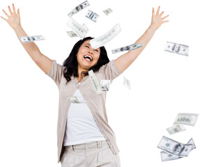 Smiling woman throwing money around