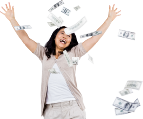 Smiling woman throwing money around
