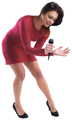 Brunette in red dress singing passionately