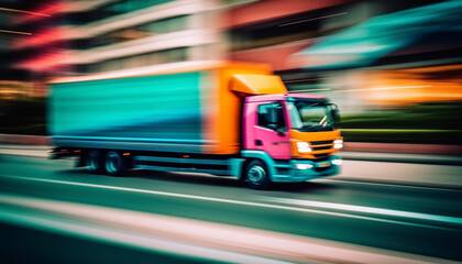 Semi-truck carrying cargo container rushes through traffic generated by AI