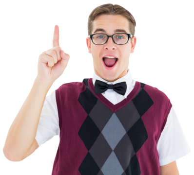 Geeky hipster looking at camera and pointing up
